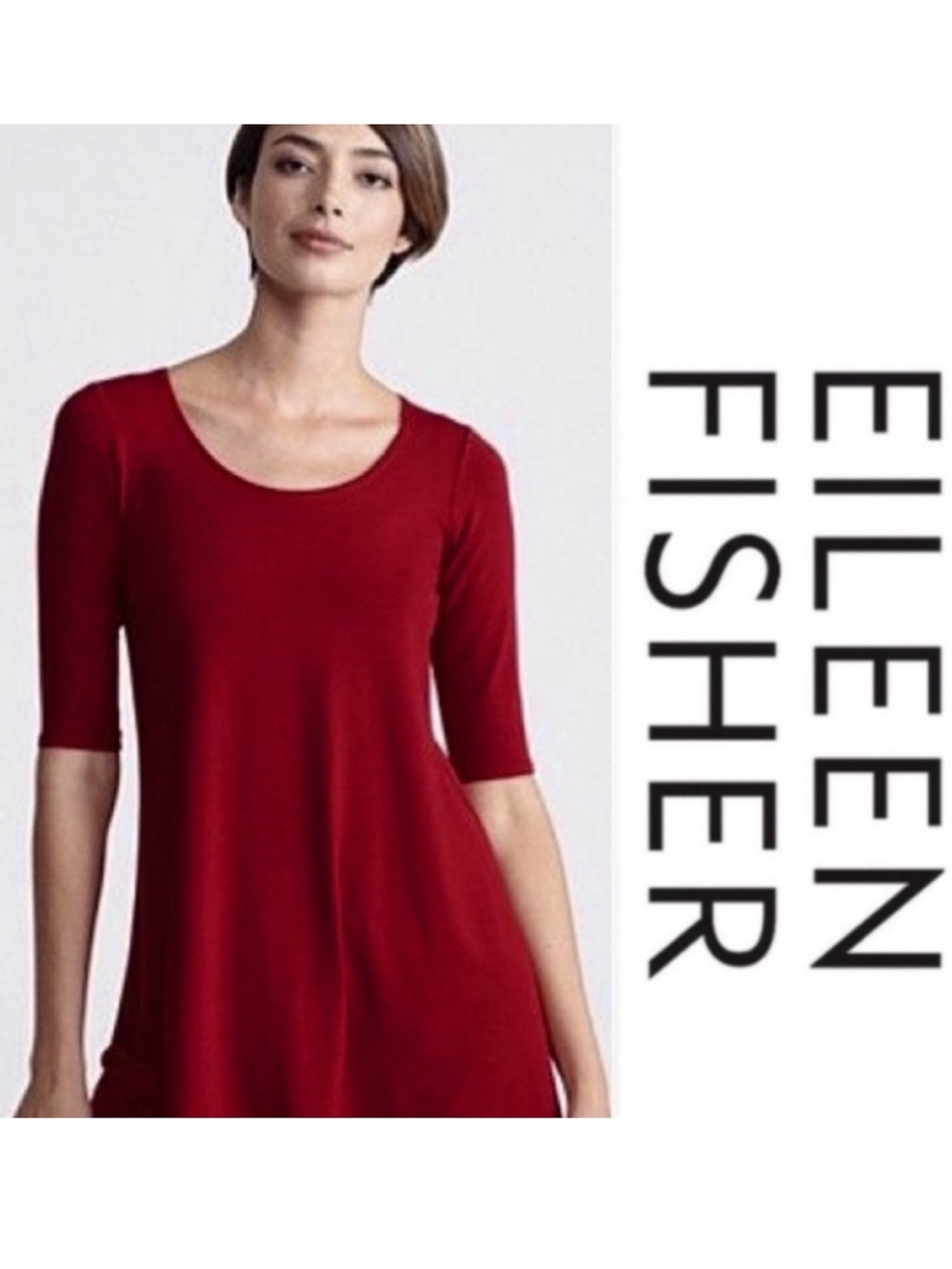 EILEEN FISHER Viscose Stretch Jersey Tunic Top M Scoop Neck 3/4 Sleeve Red USA